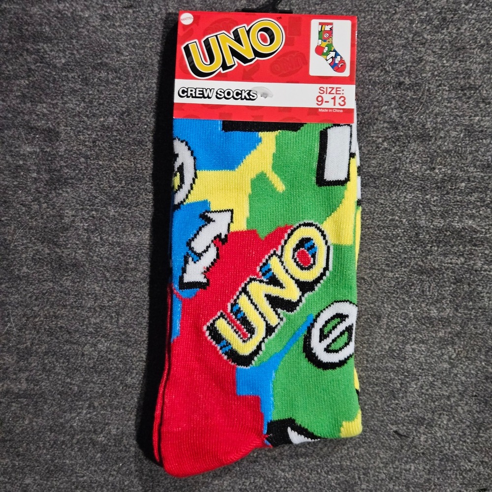 Mattel Uno Card Game Mens Crew Socks Multicolor Graphic Print Size 9-13 New